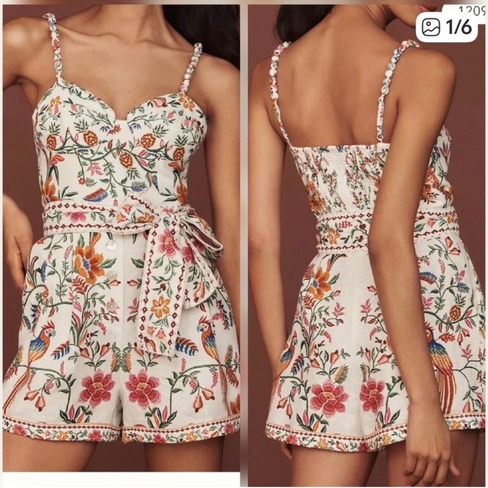 FARM Rio White Floral Embroidered Mini linen Romper